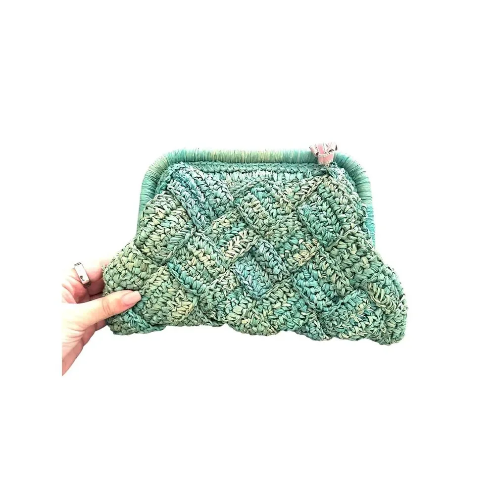 BTB LOS ANGELES Gigi Braided Raffia Clutch Green‎ NEW NWT